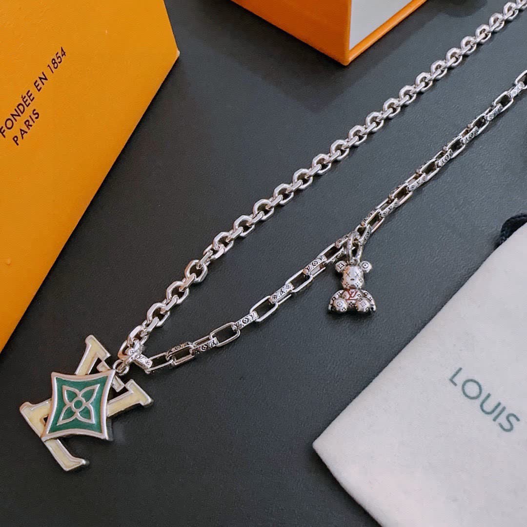 Louis Vuitton Silver Chain Necklace with LV Logo and Bear Charm